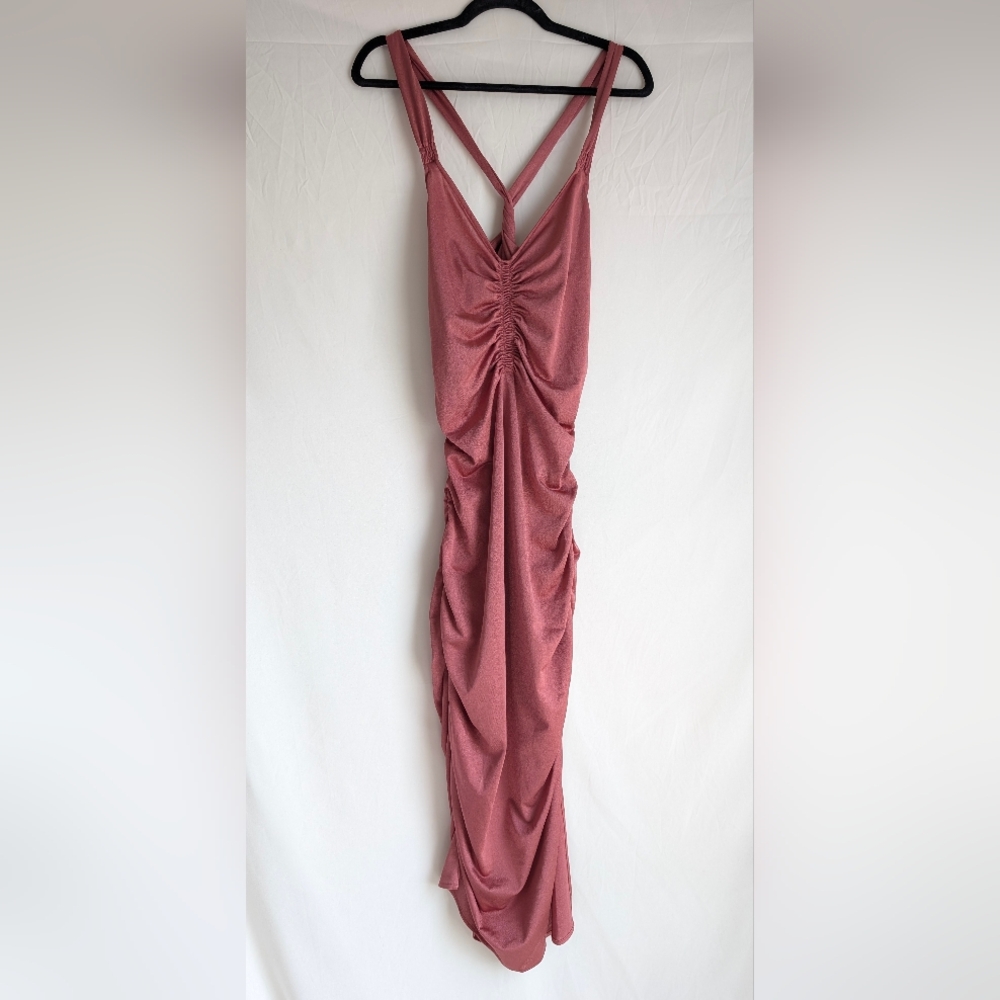 Free People Ruched Slip Midi Dress Coral Pink Bodycon Draped Asymmetrical